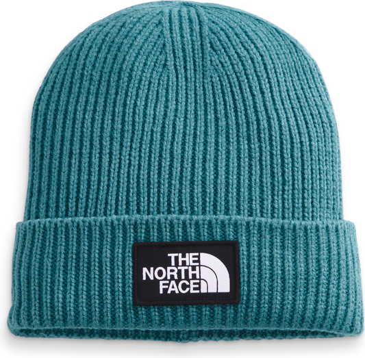 Teal knit beanie with a rectangular patch logo.