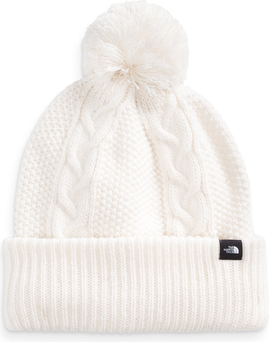 White knit beanie with cable pattern and pompom.