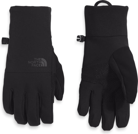 A pair of black gloves featuring a buckle strap and "The North Face" printed in dark gray.