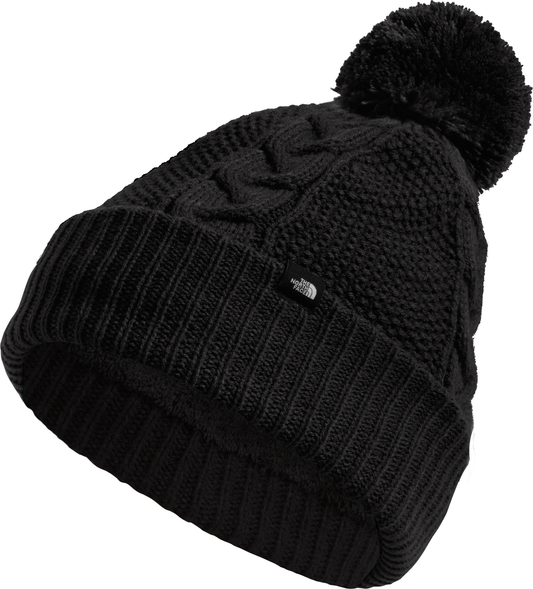 Black knit beanie with ribbed brim and pompom.