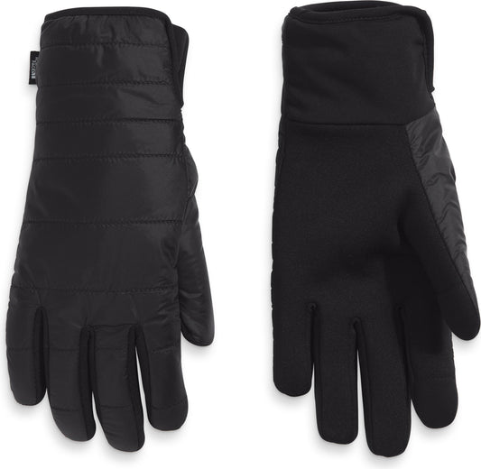Two views of black gloves with quilted backs, a smooth palm, and a wrist cuff.