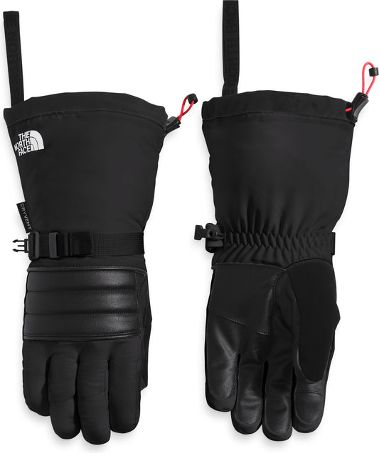 Two black gloves with wrist straps and white logo on one.