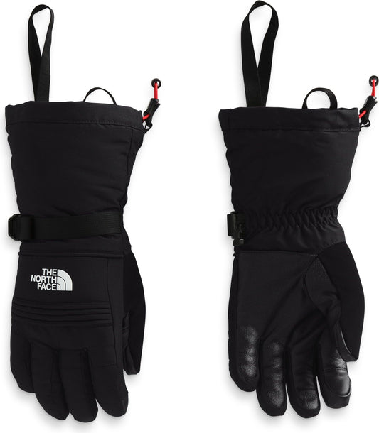 Pair of black winter gloves; one glove with logo, black wrist strap, and red string and clasp near opening; other glove shows reinforced fingers and palm.