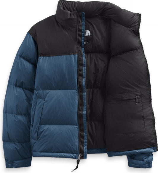 Open two-tone down puffer jacket, black upper and light blue lower.