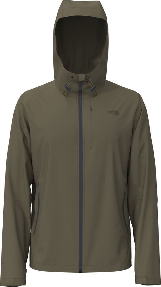 Olive green hooded jacket with front zipper.
