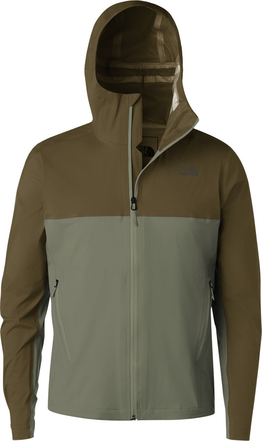 Men's two tone hooded rain jacket with zip closure.