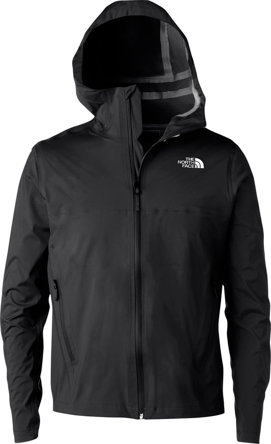 Black jacket with hood, front zipper, and white logo.