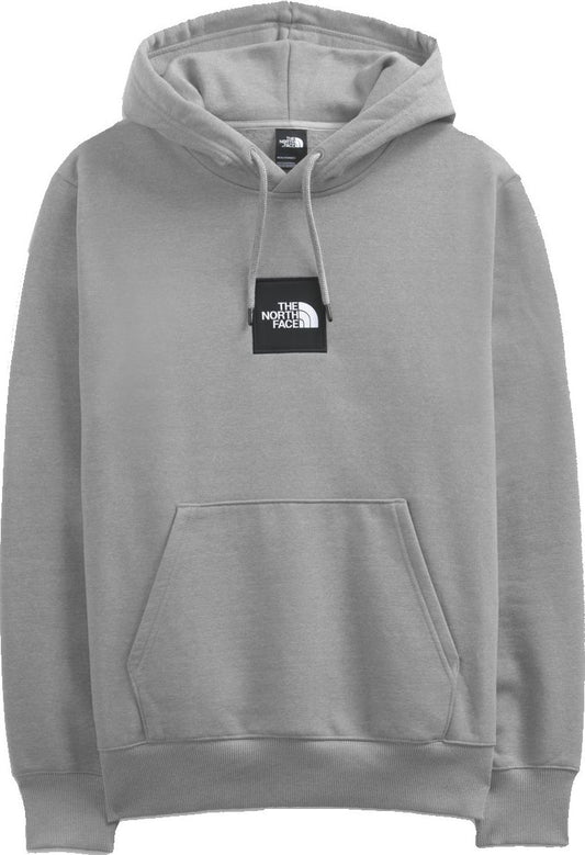 Grey hooded sweatshirt with a square logo and a kangaroo pocket.