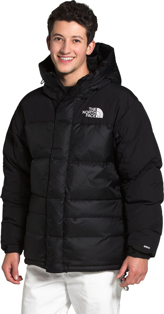 Black down jacket with a hood and logo.