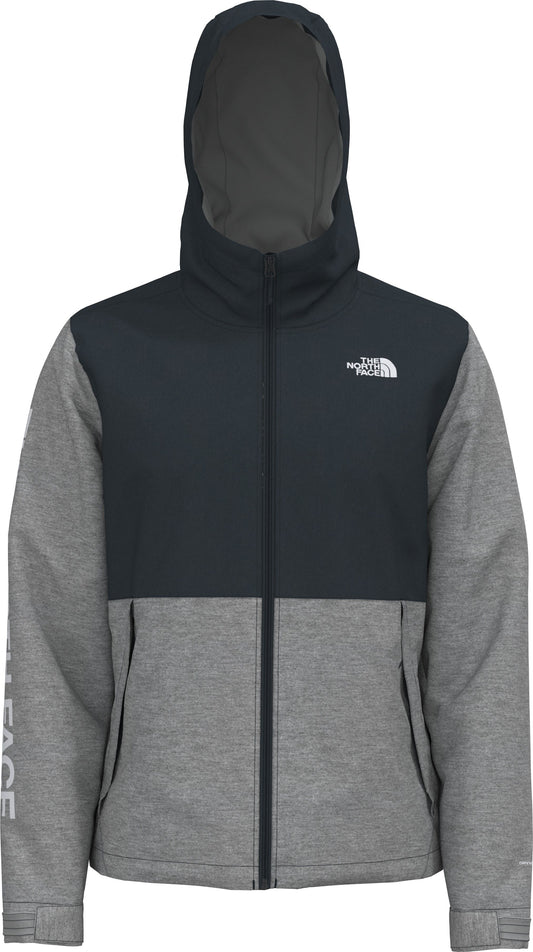 Hooded jacket in black and gray, with a logo on the chest and text on the left sleeve.