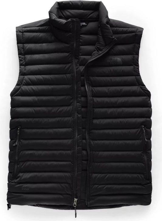 Black sleeveless puffer jacket with zippered front.