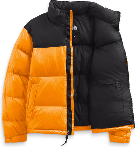 Open orange and black puffer jacket with a visible white logo.