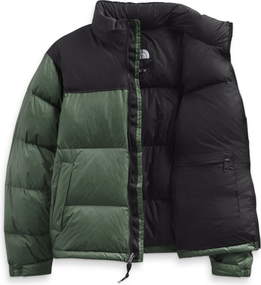 Puffer jacket with a black upper chest and dark green lower, open to show the black interior.