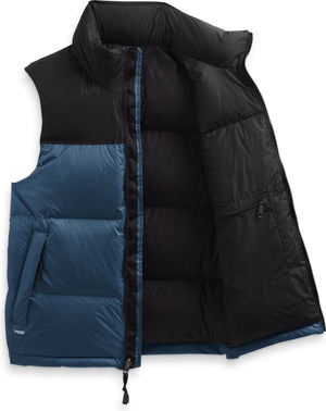 Open blue and black down vest.