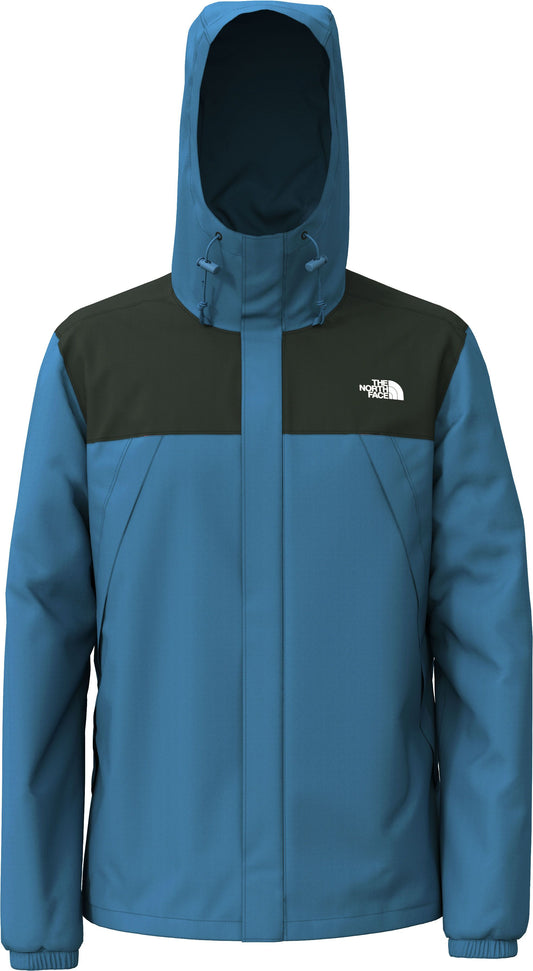 Blue and black hooded jacket with a white logo on the chest.