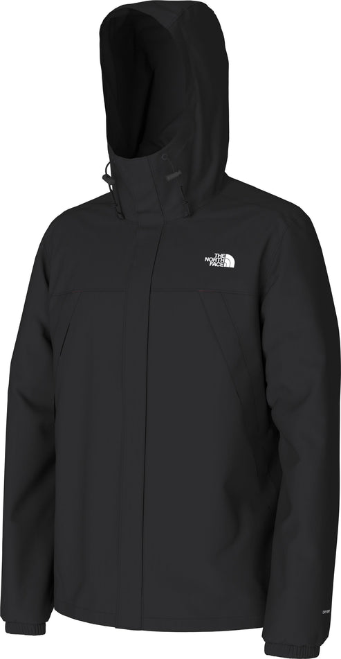 Black hooded jacket with a white logo on the upper left chest.