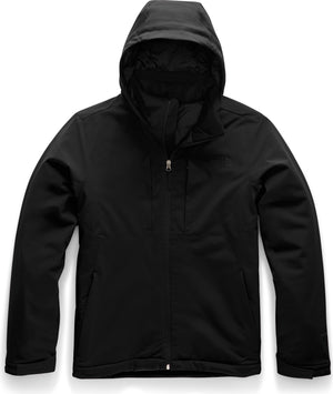 Black hooded jacket with a zipper.