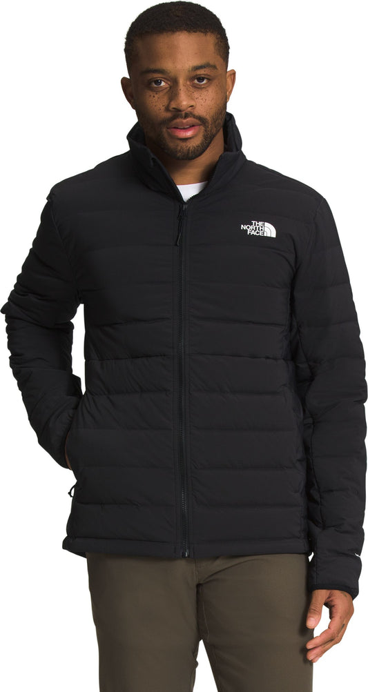 A Black puffer jacket with a white logo in the upper left.