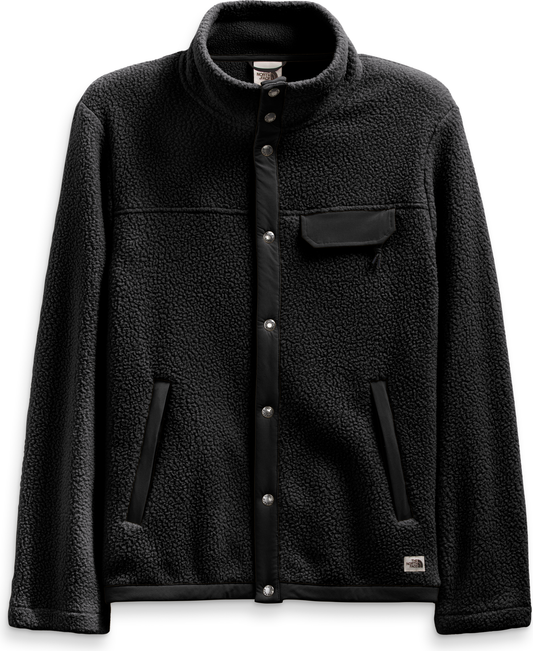 Black sherpa fleece jacket with snap closures and chest pocket.