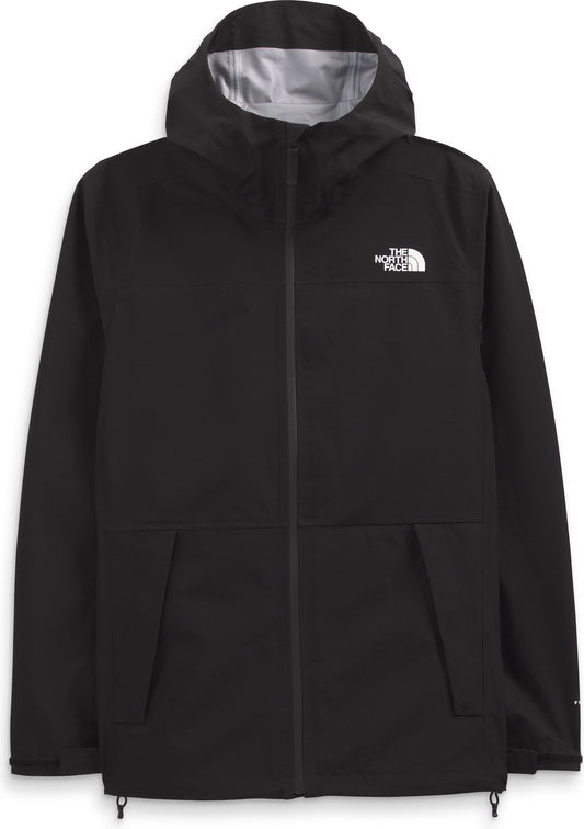 Black hooded jacket with white logo on upper right.