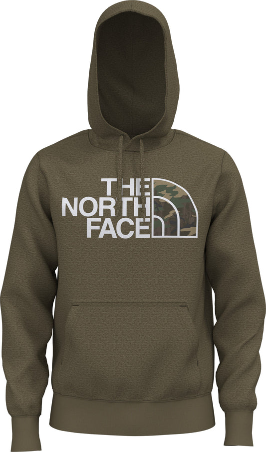 Olive-green hoodie with white “THE NORTH FACE” logo on chest, partial camo pattern.