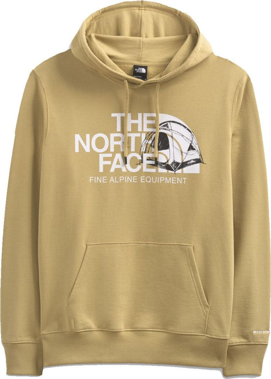 Tan hoodie with a white text graphic, tent illustration, and front pouch.