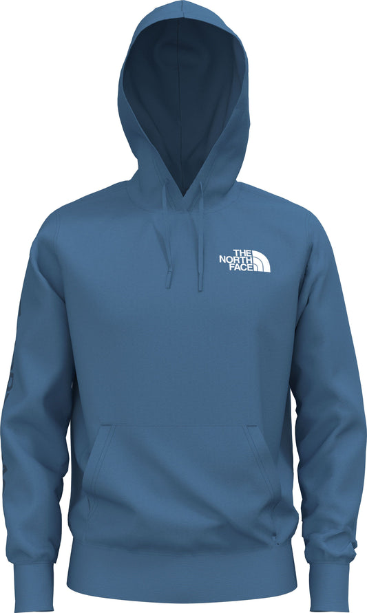 Blue hoodie with white logo on the upper right chest.