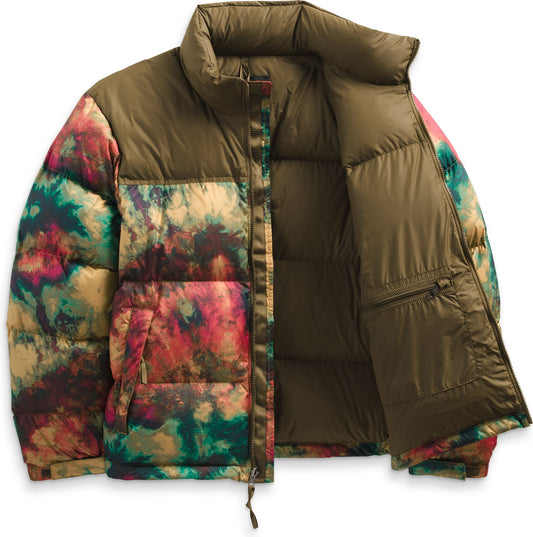 Open puffer jacket with floral pattern on the sleeves and lower front.