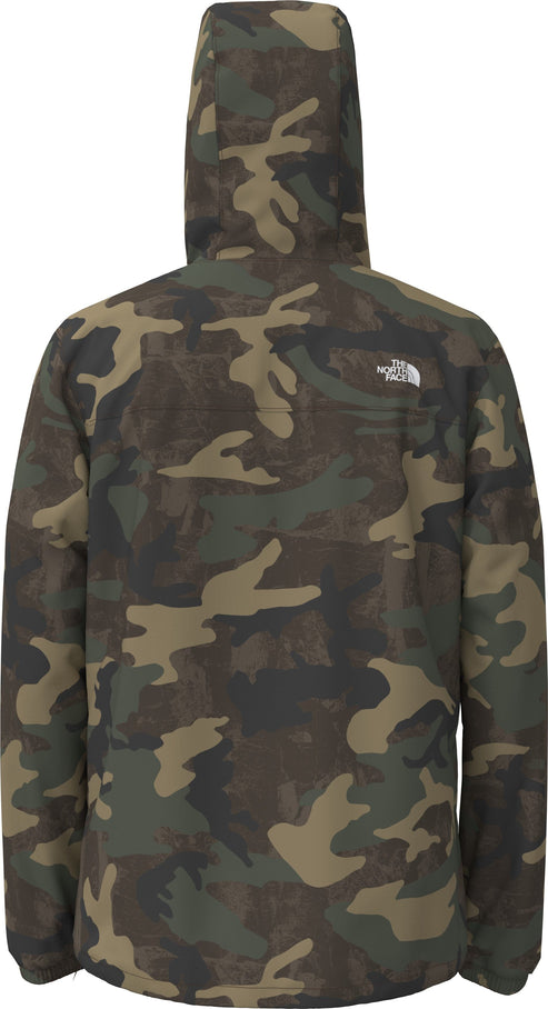 Back of a hooded jacket in a camouflage pattern featuring green, brown, and black.