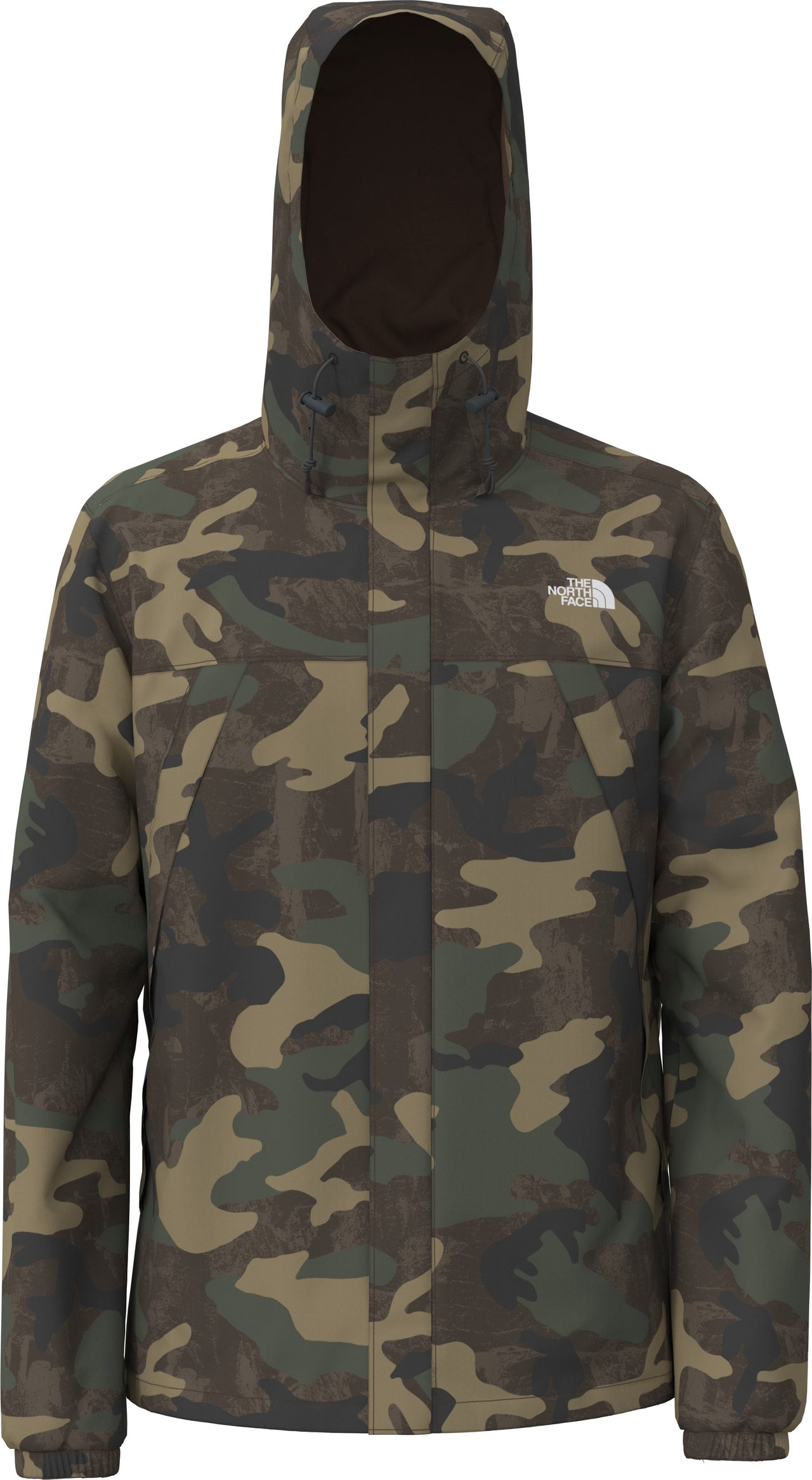 Camouflage jacket with hood and long sleeves.