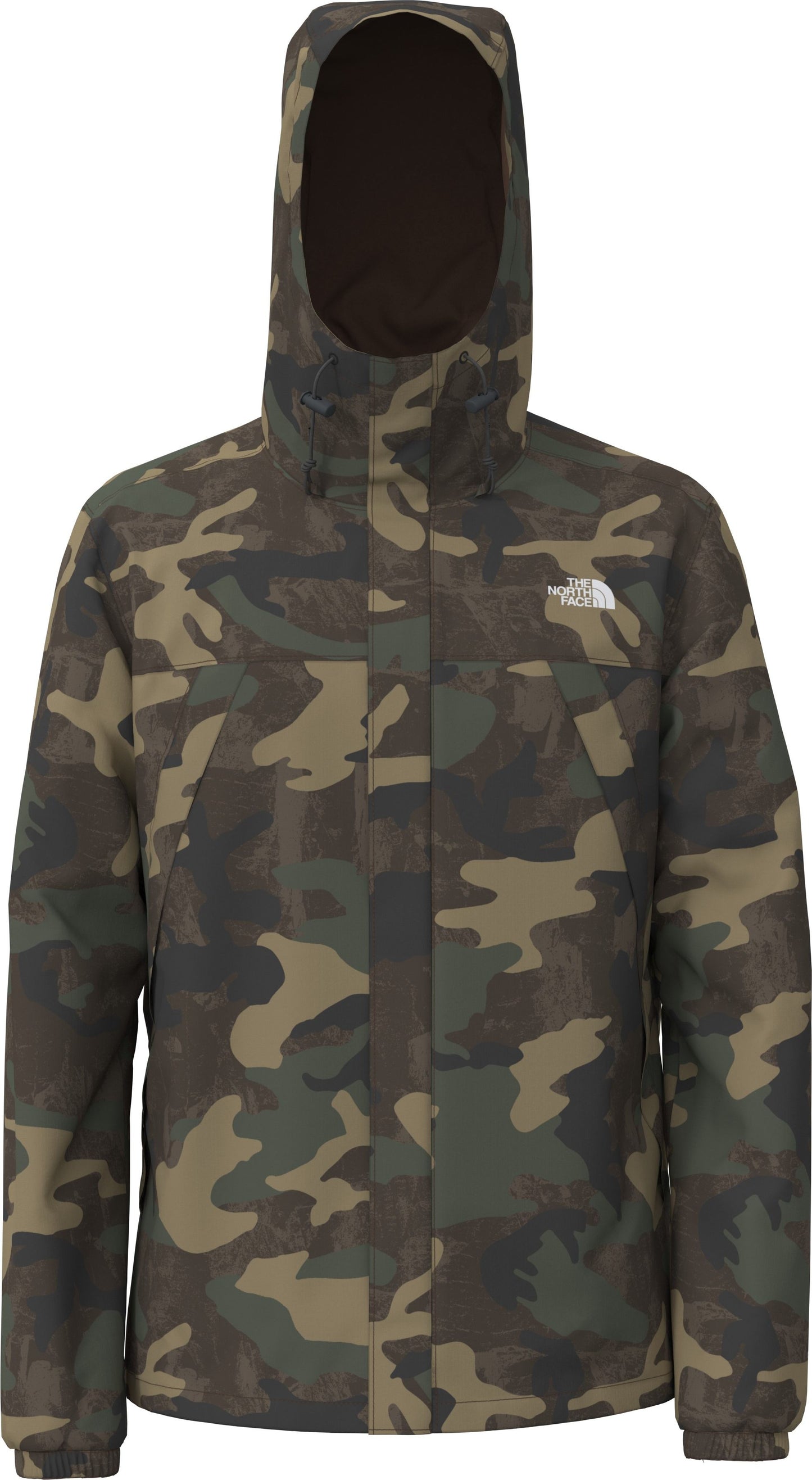 Camouflage jacket with hood and long sleeves.