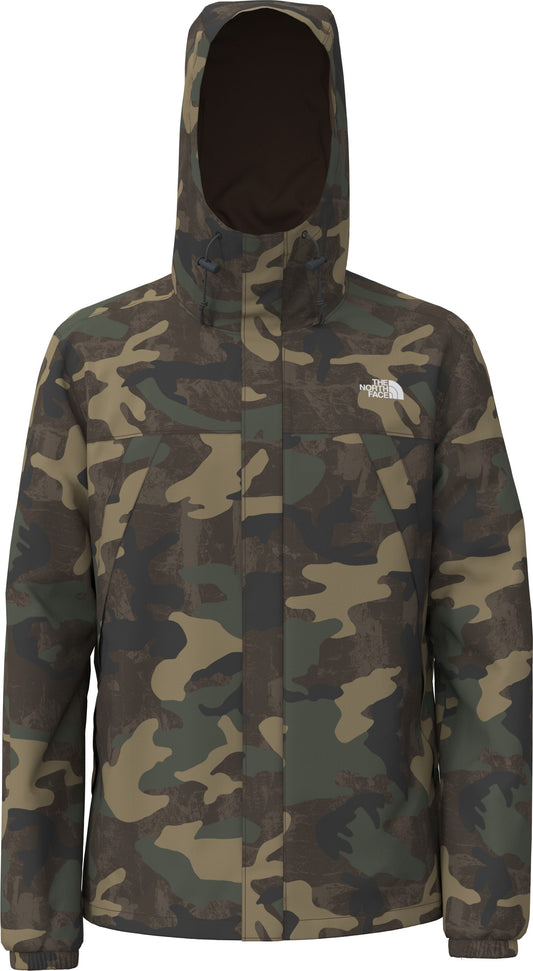 Camouflage jacket with hood and long sleeves.