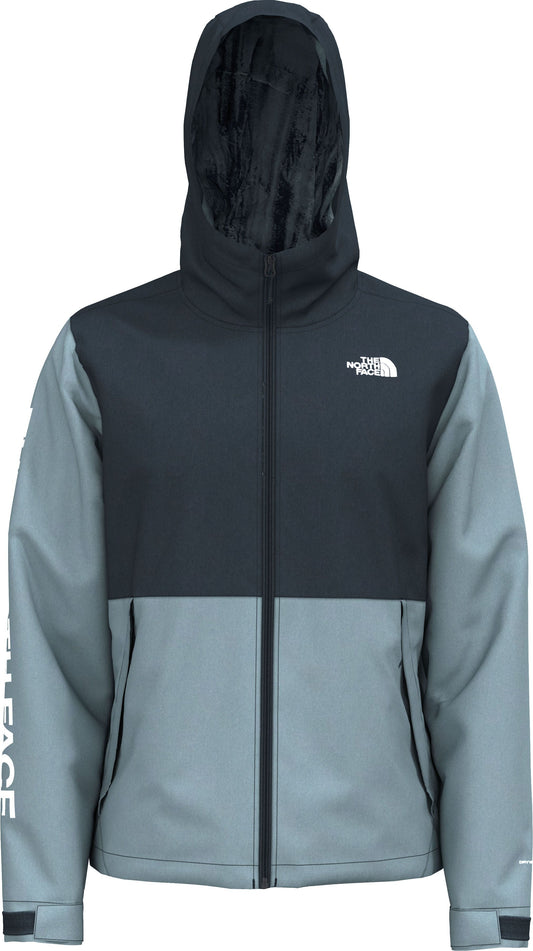 A two-tone rain jacket with a hood, dark gray at the top and light gray at the bottom, with white text vertically on the left sleeve, and a white logo on the upper right.