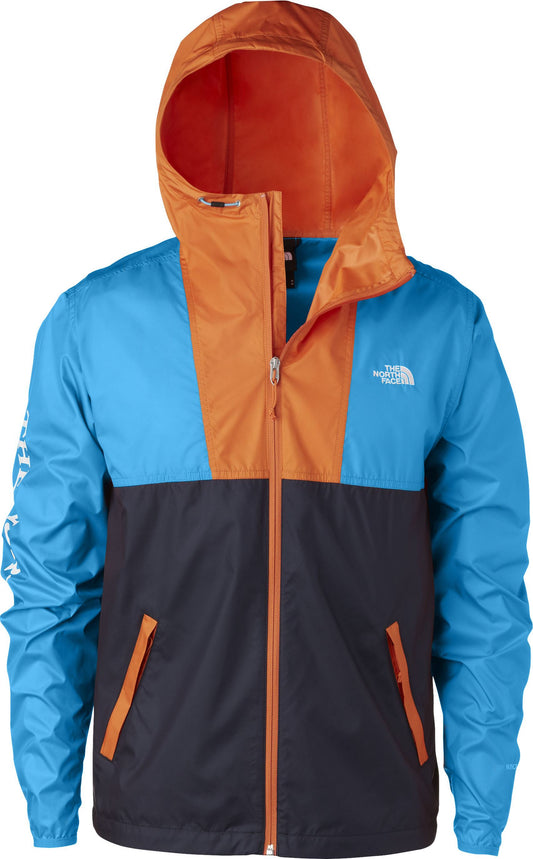 Color-block hooded jacket with an orange hood and zipper panel, light blue sleeves and upper chest, and a dark navy chest panel.
