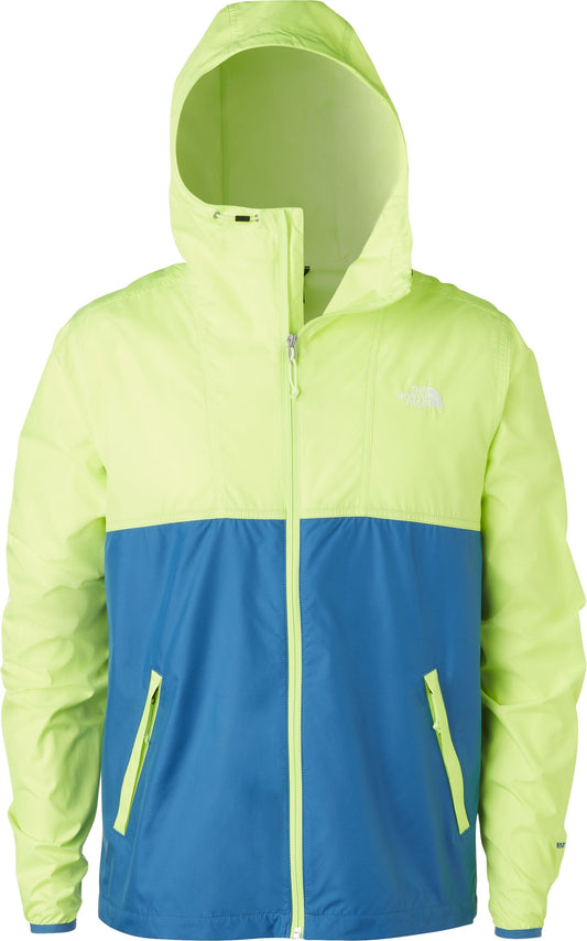 Color-blocked rain jacket with a bright yellow hood and upper portion, and a blue lower section.