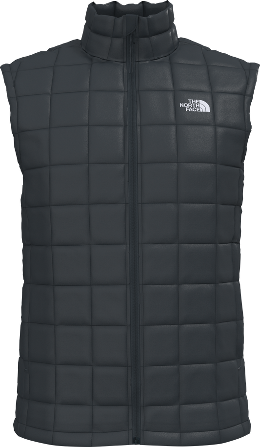 Black quilted puffer vest with a white logo near the upper right chest.