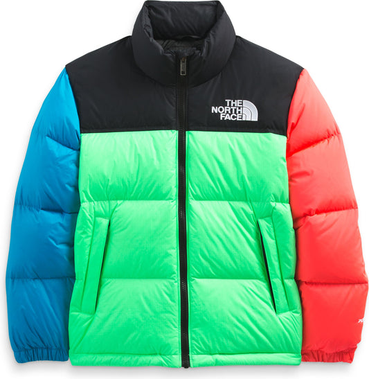 Puffer jacket with black yoke, blue left sleeve, green torso, and red right sleeve; white "THE NORTH FACE" text on yoke.