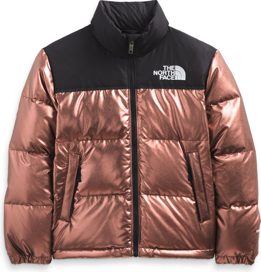 metallic copper-colored puffer jacket with black yoke and white logo