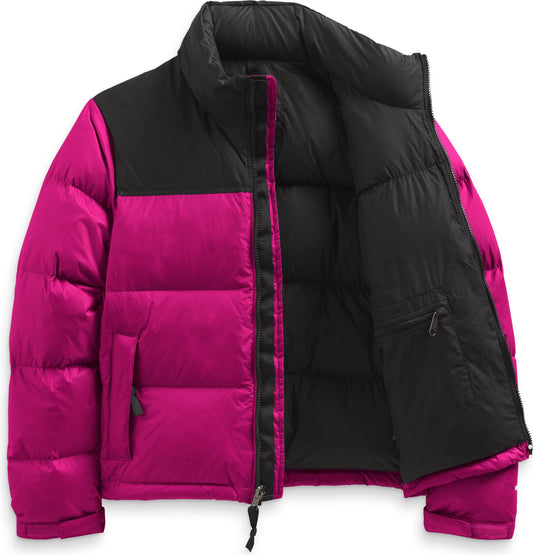 Open magenta and black puffer jacket.