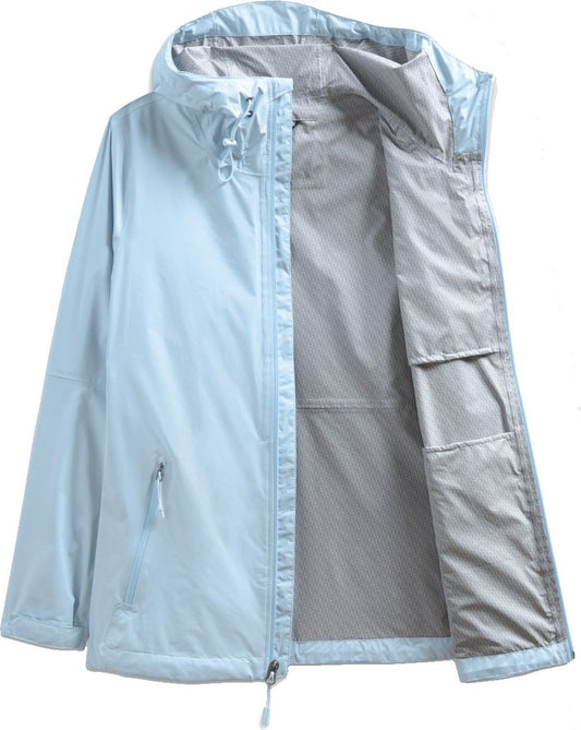 Light blue rain jacket with open front showing gray lining and multiple pockets.