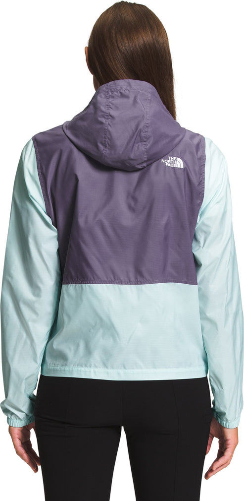 A two-toned light green and purple jacket with a hood.