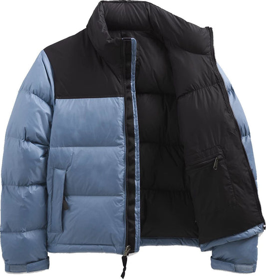 Open blue and black puffer jacket with a zipper.