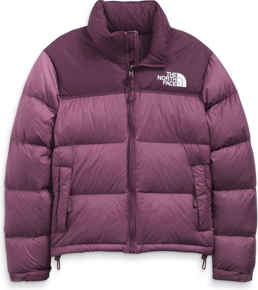 Padded jacket in two shades of purple with the word THE NORTH FACE printed in white.