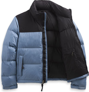 Open, color-blocked puffer jacket with black yoke and blue quilted body.