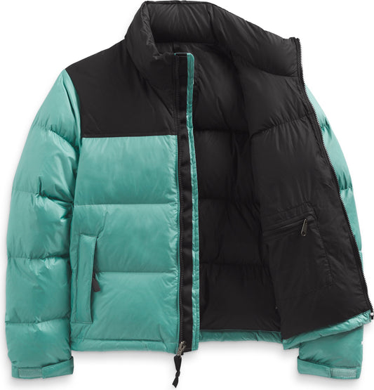 Puffer jacket with teal body and black yoke and collar, open to reveal black lining.