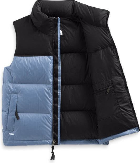 Open, sleeveless, color-block puffer vest with blue shiny bottom and black top.