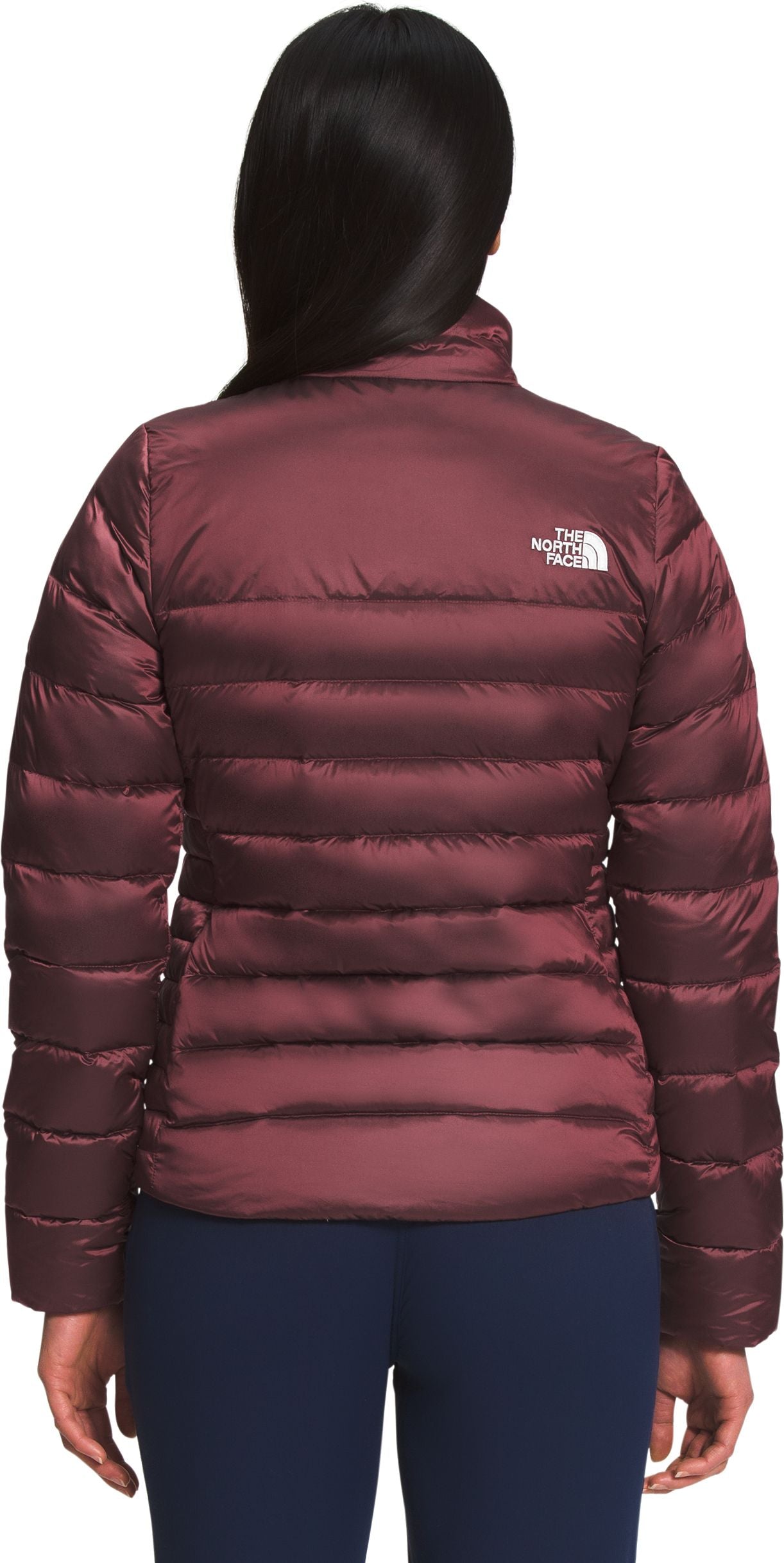 burgundy quilted jacket with a high collar
