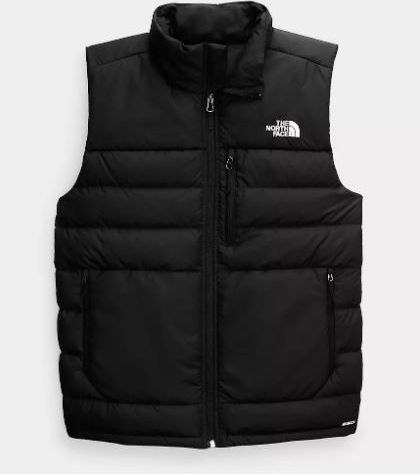 Black puffer vest with a high collar and visible white logo.