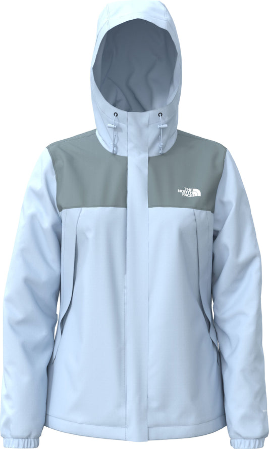 Light blue hooded jacket with gray panel.