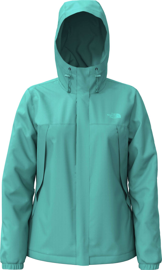 A light green women's rain jacket with a hood.